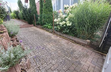 Vermooste Pflasterfläche einer Einfahrt. Reinigung notwendig. Homepage relevanter Zustand. Jetzt Angebot anfordern!