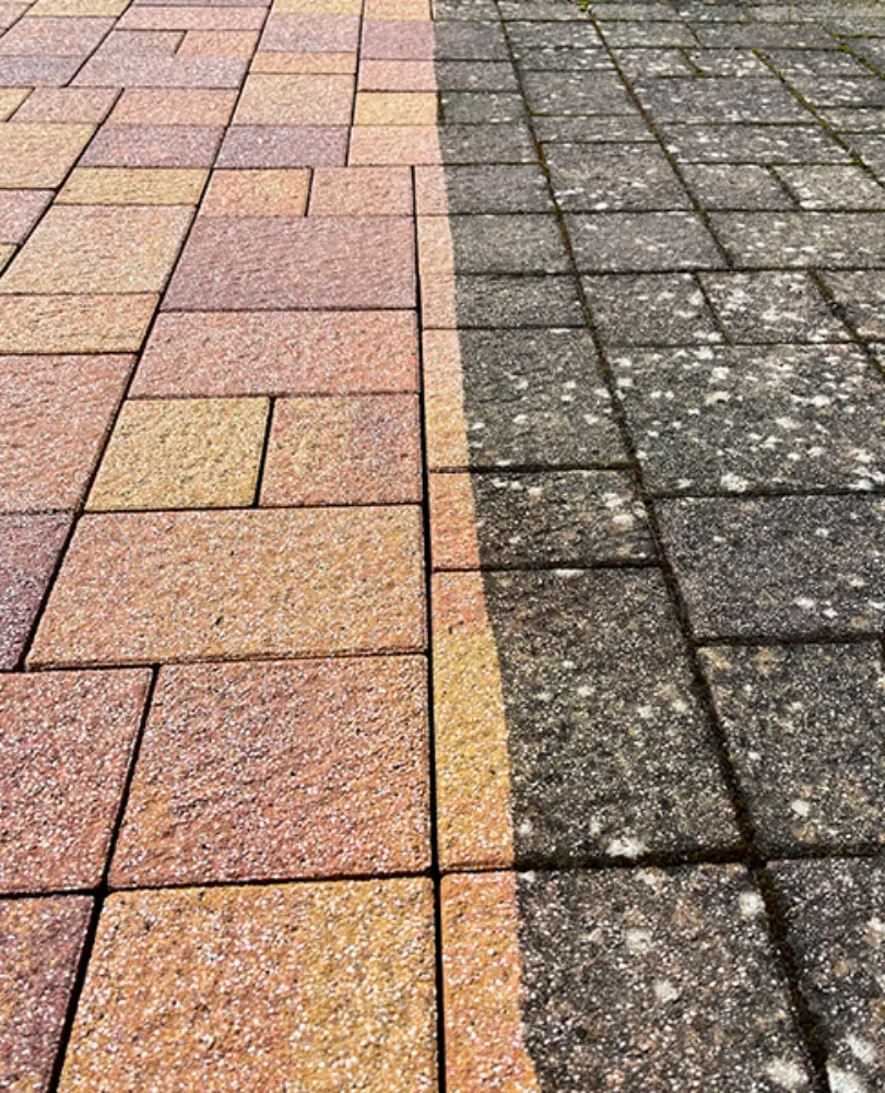 Einfahrtreinigung: Vorher-Nachher-Vergleich von Pflastersteinen. Deutlich sichtbar: Gereinigte vs. vermooste Fläche. Effektive Reinigung der Einfahrt.