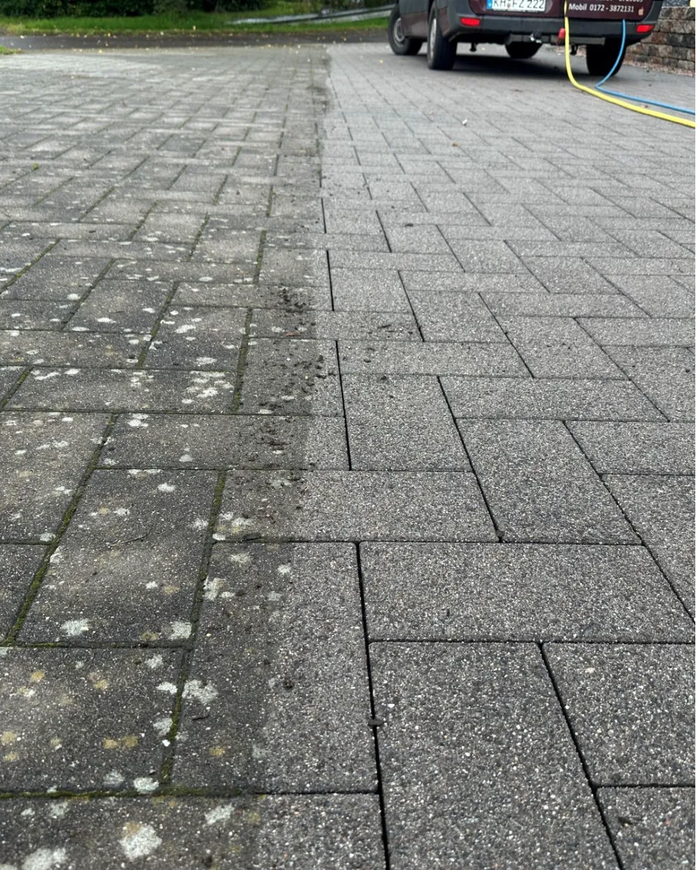 Kreisförmige Pflasterfläche, gereinigt. Unterschiedliche Grautöne. Gartenweg. Perfekt sauber. Impressum.